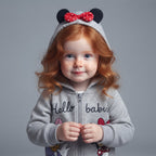 Niña pequeña con sudadera gris EmpiBy con capucha, orejas de Minnie Mouse y lazo rojo, estampado Hello Baby