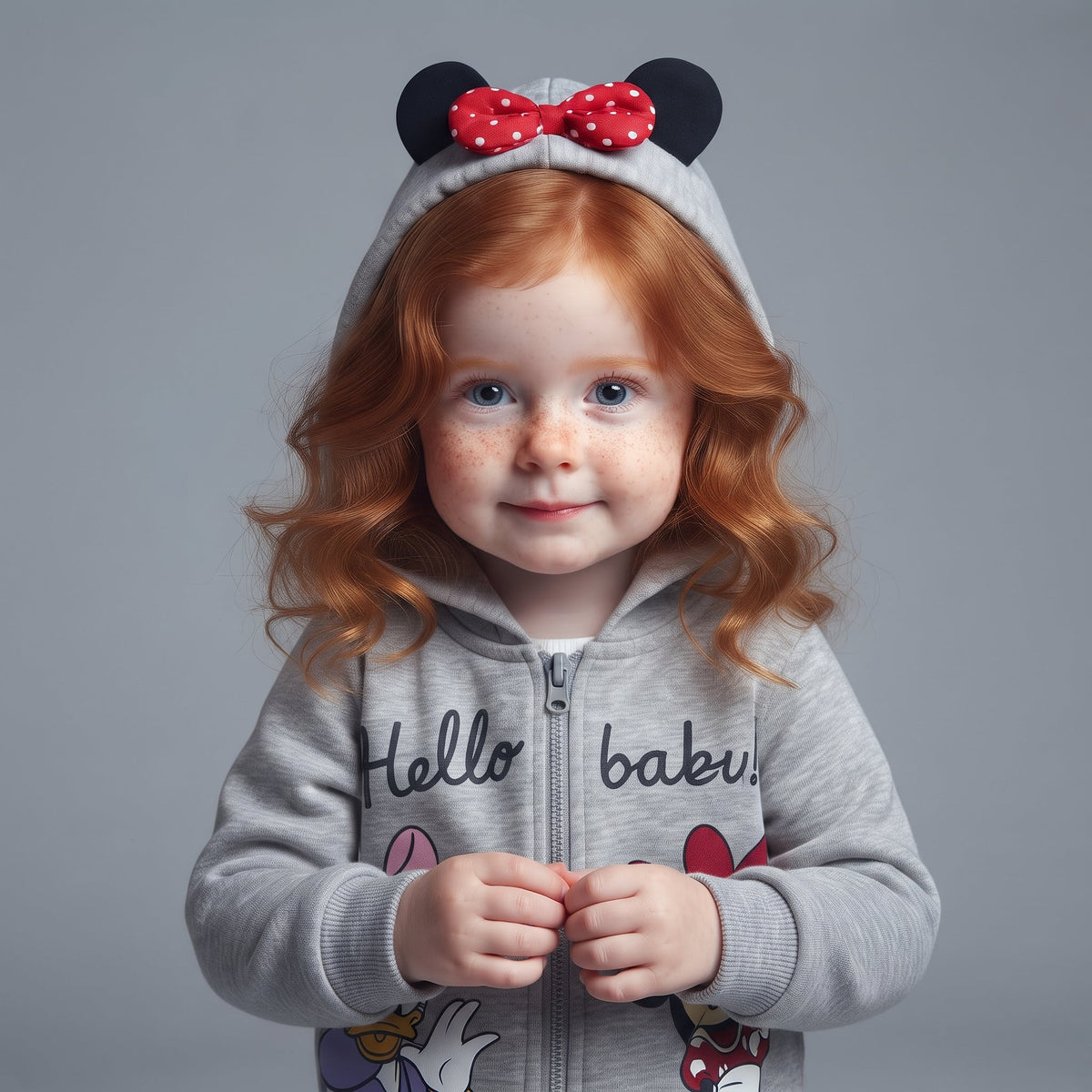 Niña pequeña con sudadera gris EmpiBy con capucha, orejas de Minnie Mouse y lazo rojo, estampado Hello Baby