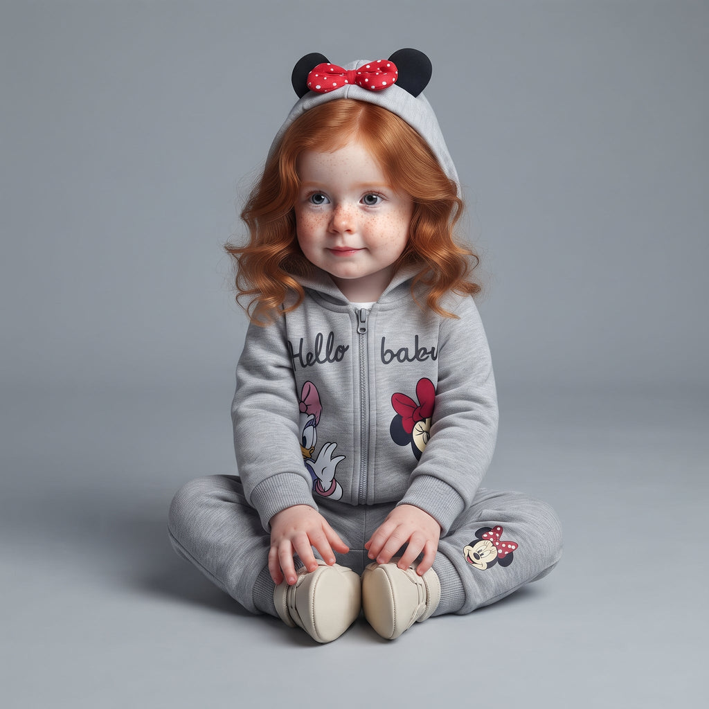 Bebé con sudadera gris EmpiBy con capucha, orejas de Minnie, lazo rojo y estampado de Minnie y Daisy