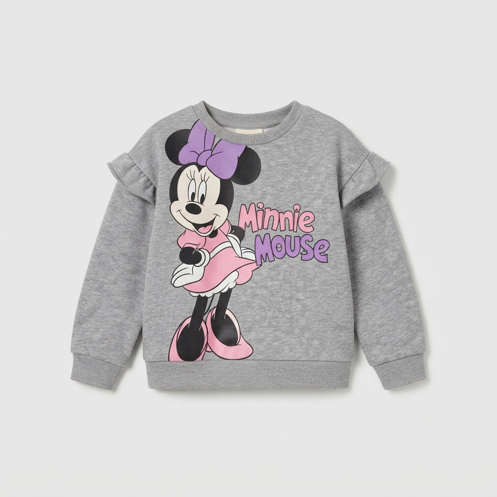 Sudadera gris EmpiBy para niña con estampado de Minnie Mouse y volantes decorativos en los hombros