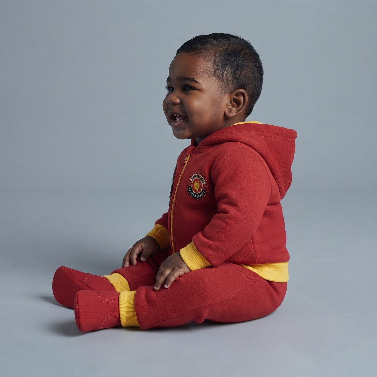Bebé sonriente con conjunto EmpiBy de Iron Man en rojo y amarillo, sudadera con capucha y pantalón jogger suave