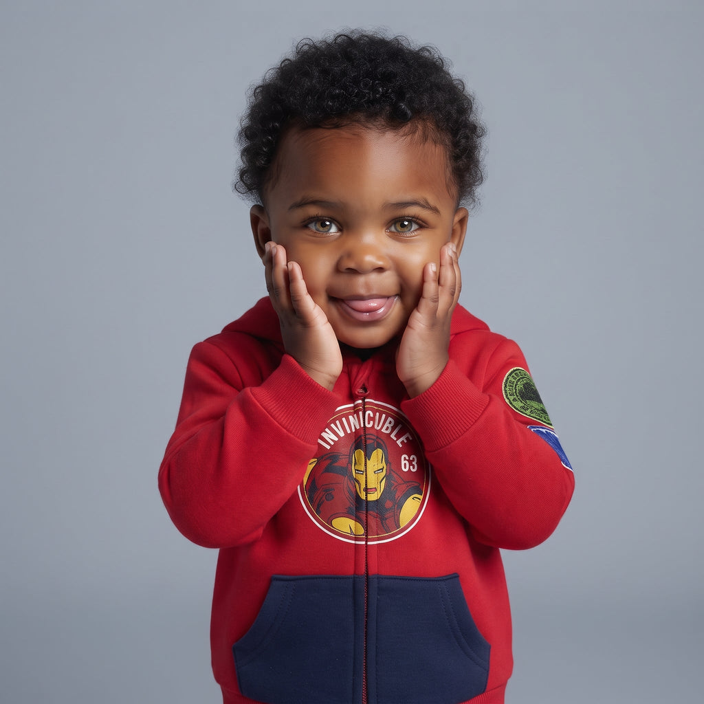 Bebé sonriente con sudadera roja de Iron Man de EmpiBy, con capucha y bolsillo azul, diseño de superhéroe Marvel