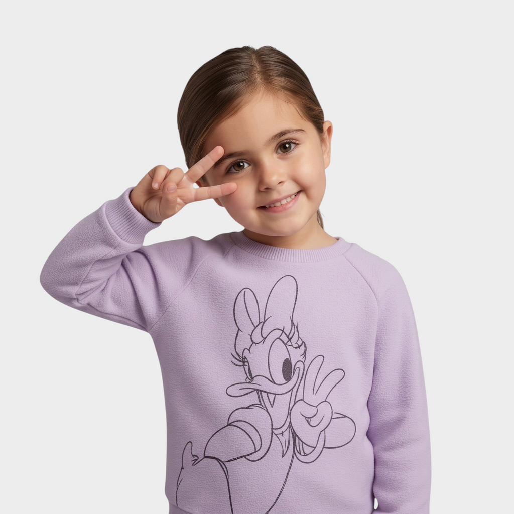 Niña sonriente vistiendo sudadera EmpiBy de polar color lila con estampado de Daisy Duck y gesto de victoria
