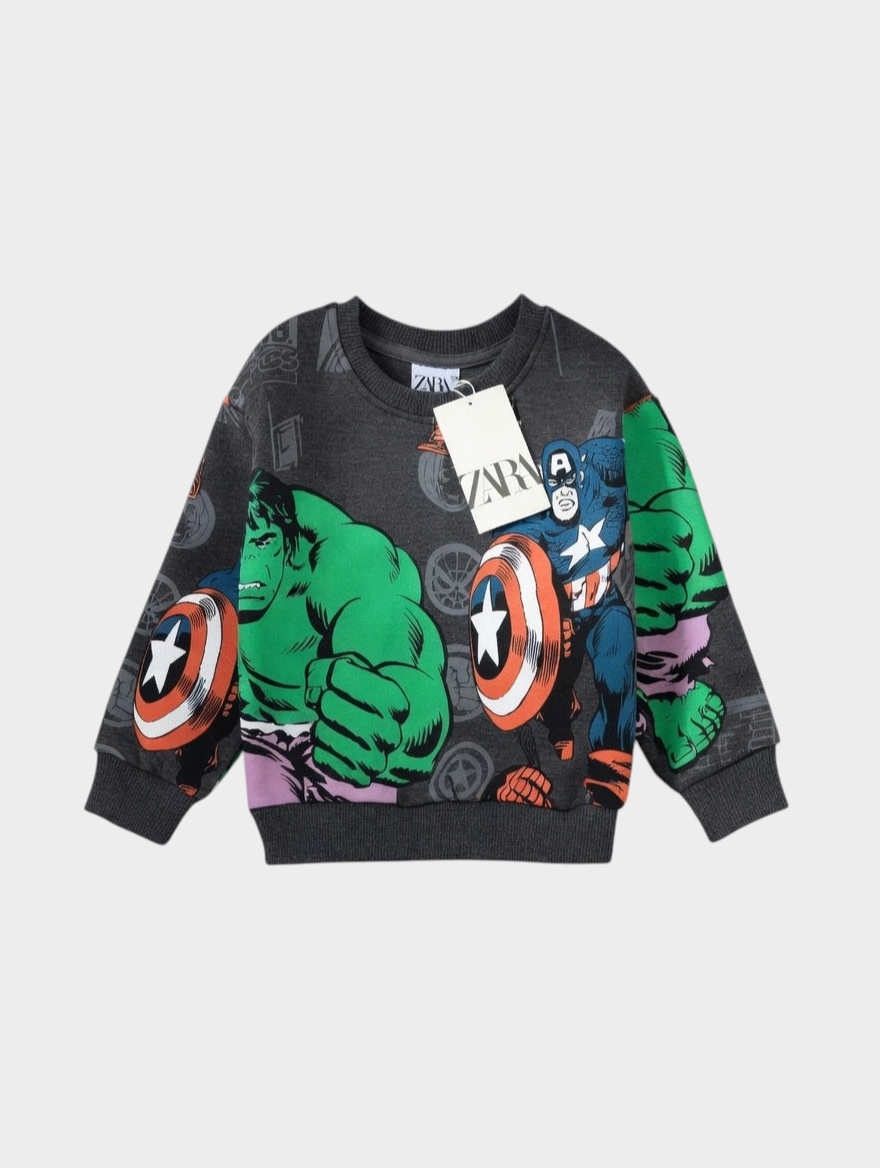 Sudadera EmpiBy gris jaspeado de Marvel Avengers con estampado de Hulk y Capitán América en algodón perchado