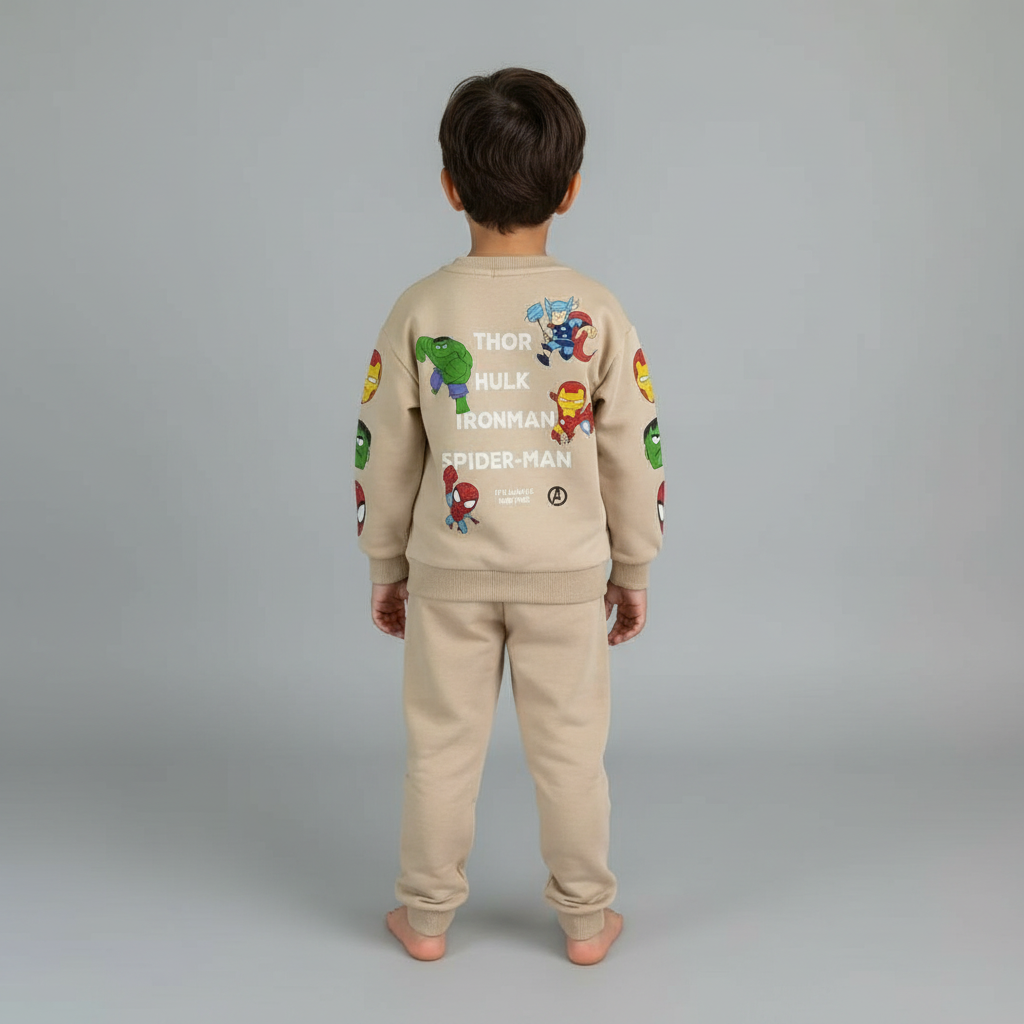 Niño de espaldas vistiendo conjunto EmpiBy de sudadera beige con estampados de superhéroes Marvel y pantalones a juego