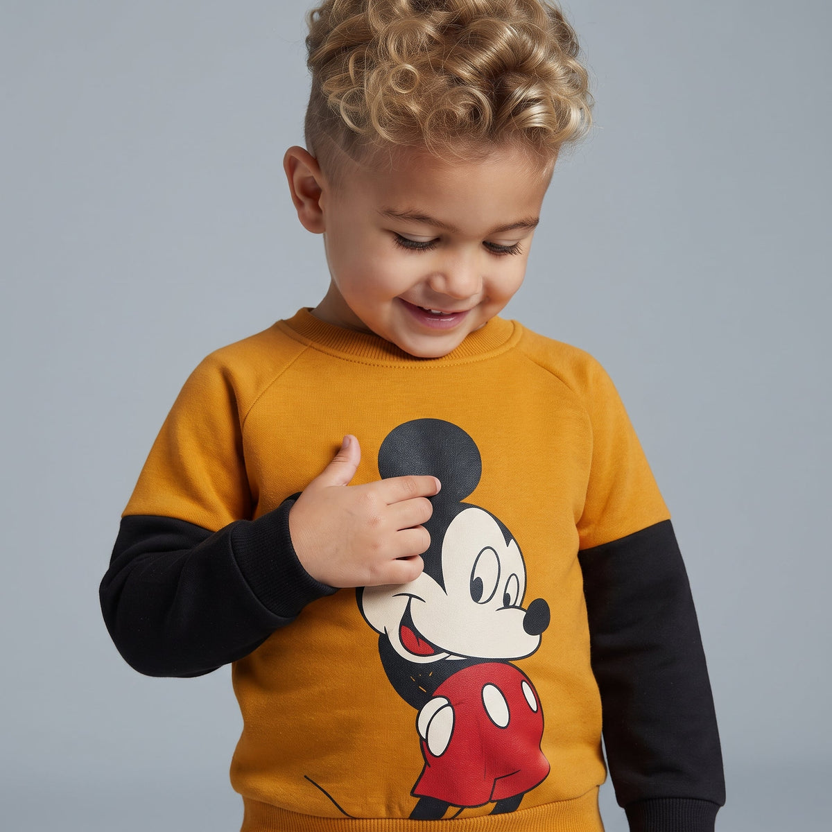 Niño sonriente vistiendo sudadera EmpiBy mostaza y negra con estampado de Mickey Mouse y mangas en contraste