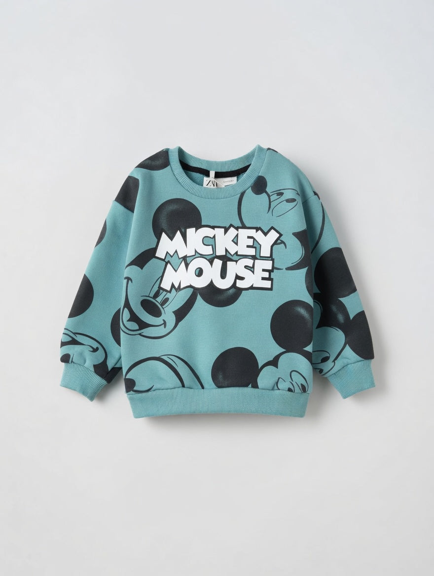 Sudadera EmpiBy de algodón azul aguamarina con estampado integral de Mickey Mouse y cuello redondo para niños