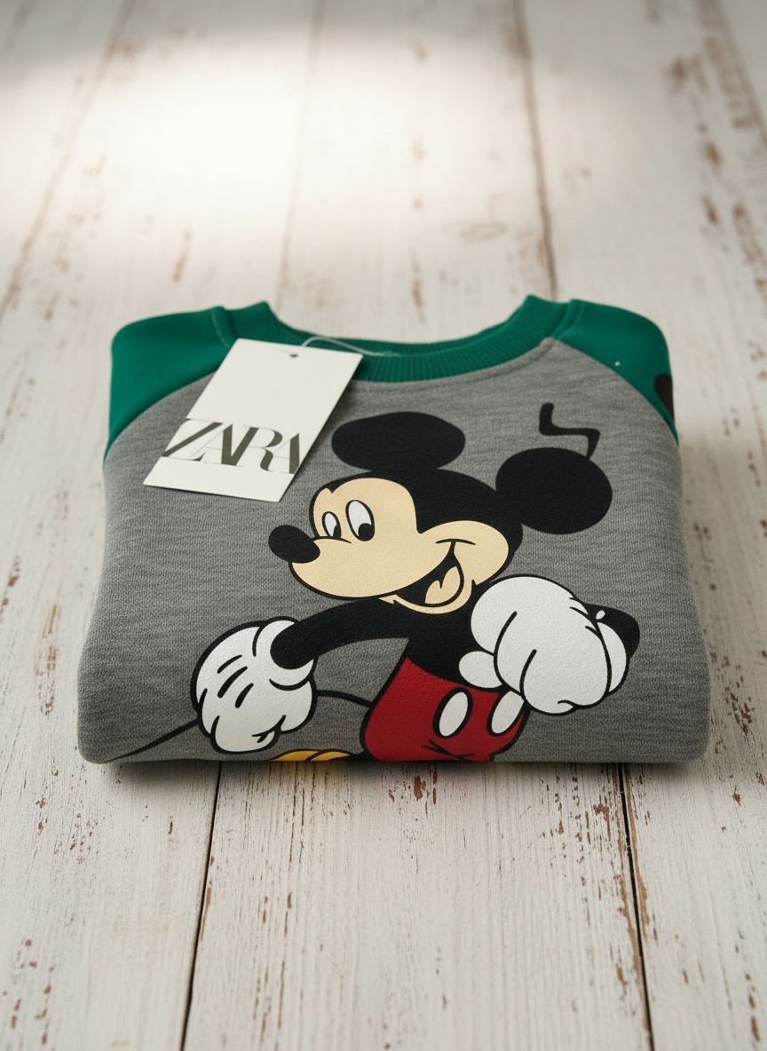 Sudadera EmpiBy de Mickey Mouse con cuerpo gris jaspeado, mangas verdes y estampado frontal del personaje