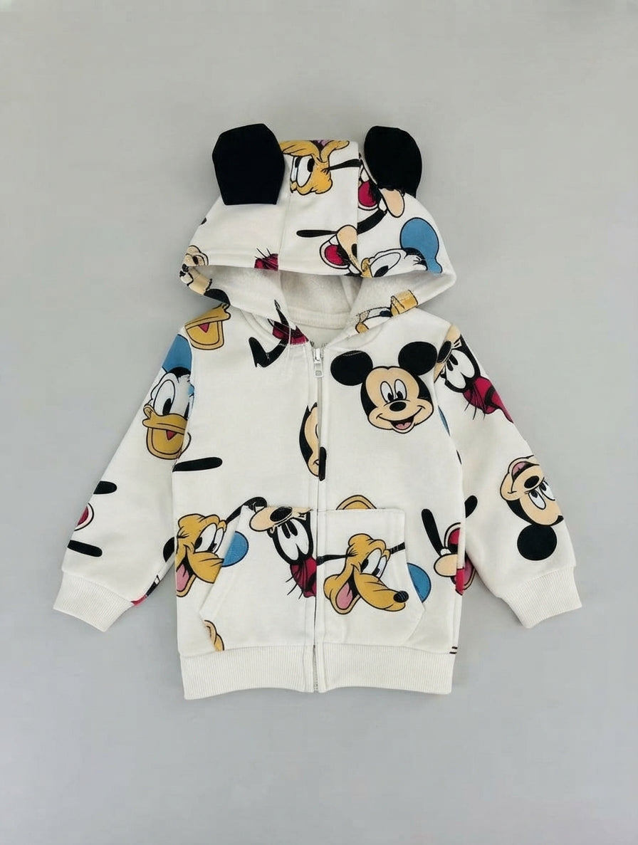 Sudadera EmpiBy con capucha y orejas de Mickey Mouse, estampado de Mickey & Friends sobre fondo blanco, cierre frontal