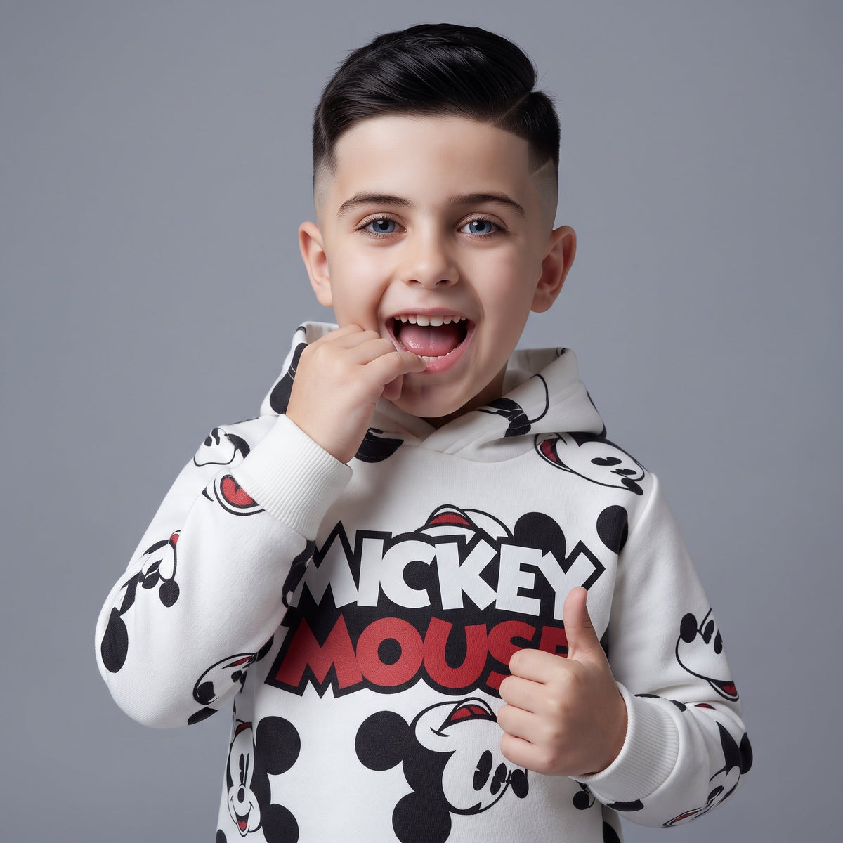 Niño sonriente vistiendo sudadera EmpiBy con capucha y estampado de Mickey Mouse sobre fondo gris