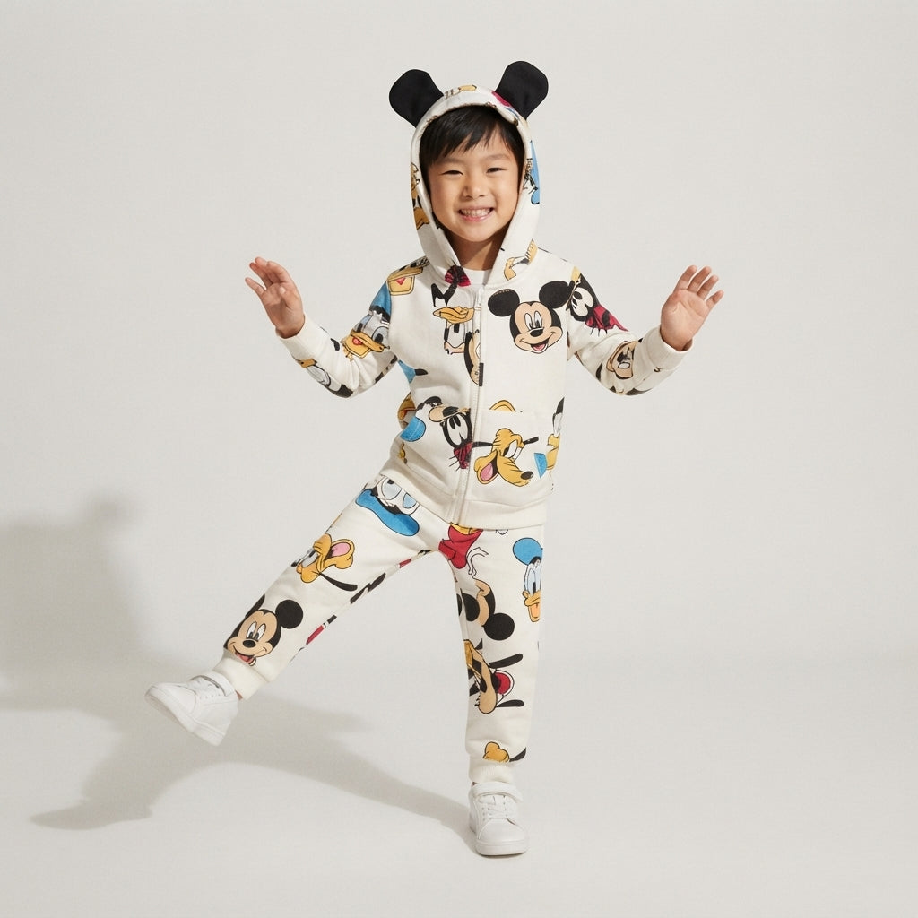 Niño sonriente vistiendo sudadera EmpiBy con capucha y orejas de Mickey y estampado de Mickey & Friends