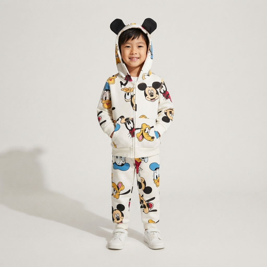 Niño vistiendo sudadera EmpiBy con capucha y orejas de Mickey Mouse y estampado de personajes Disney