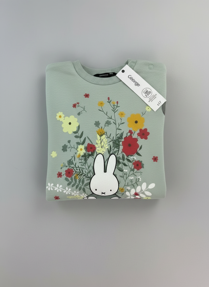 Sudadera EmpiBy verde salvia con estampado de Miffy y flores silvestres, incluye broches en el hombro