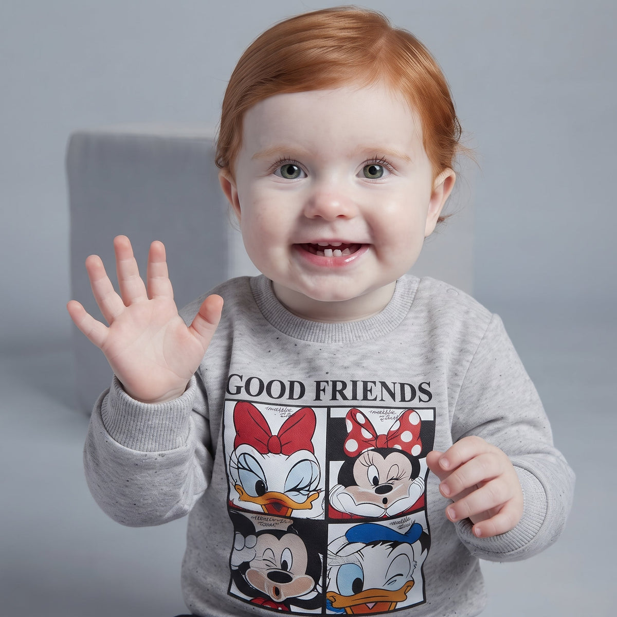 Bebé sonriente con sudadera gris EmpiBy de Minnie Mouse y amigos, diseño Good Friends con estampado estilo cómic.