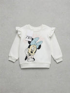 Sudadera EmpiBy color blanco hueso con estampado de Minnie Mouse, lazo azul menta y detalles de volantes en hombros