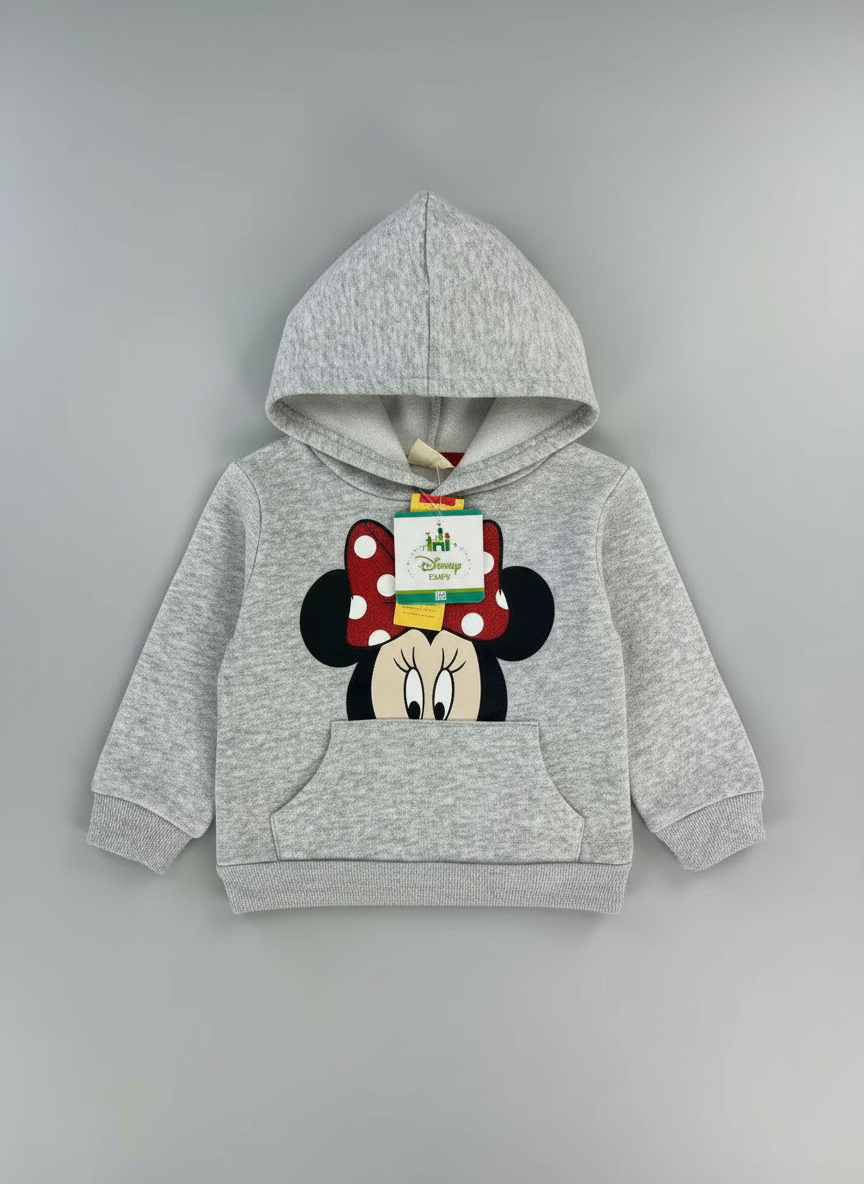 Sudadera con capucha EmpiBy gris jaspeado para niña con estampado de Minnie Mouse y lazo rojo en el bolsillo frontal