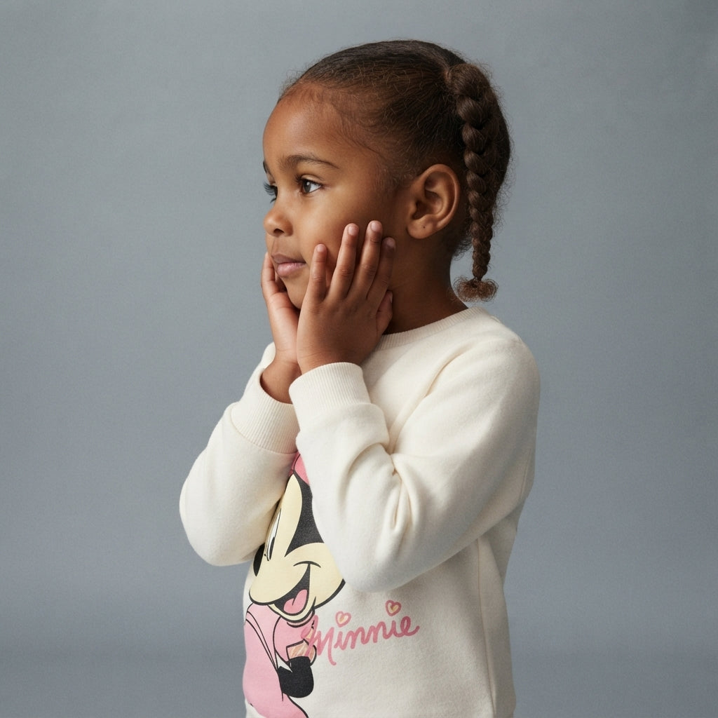 Niña con sudadera EmpiBy color marfil de Minnie Mouse con gráfico frontal y cuello redondo en estudio