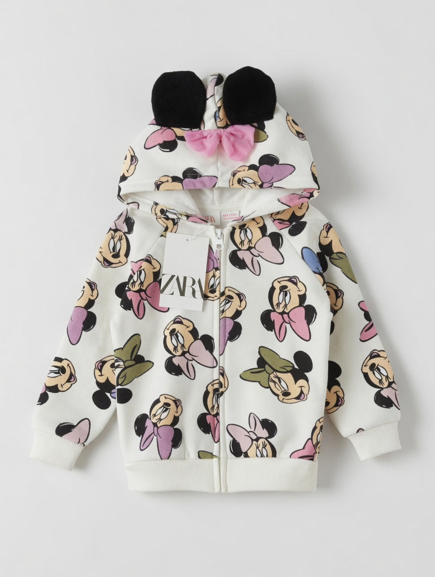 Sudadera EmpiBy con capucha blanca, estampado de Minnie Mouse, orejas 3D y lazo rosa para niñas.