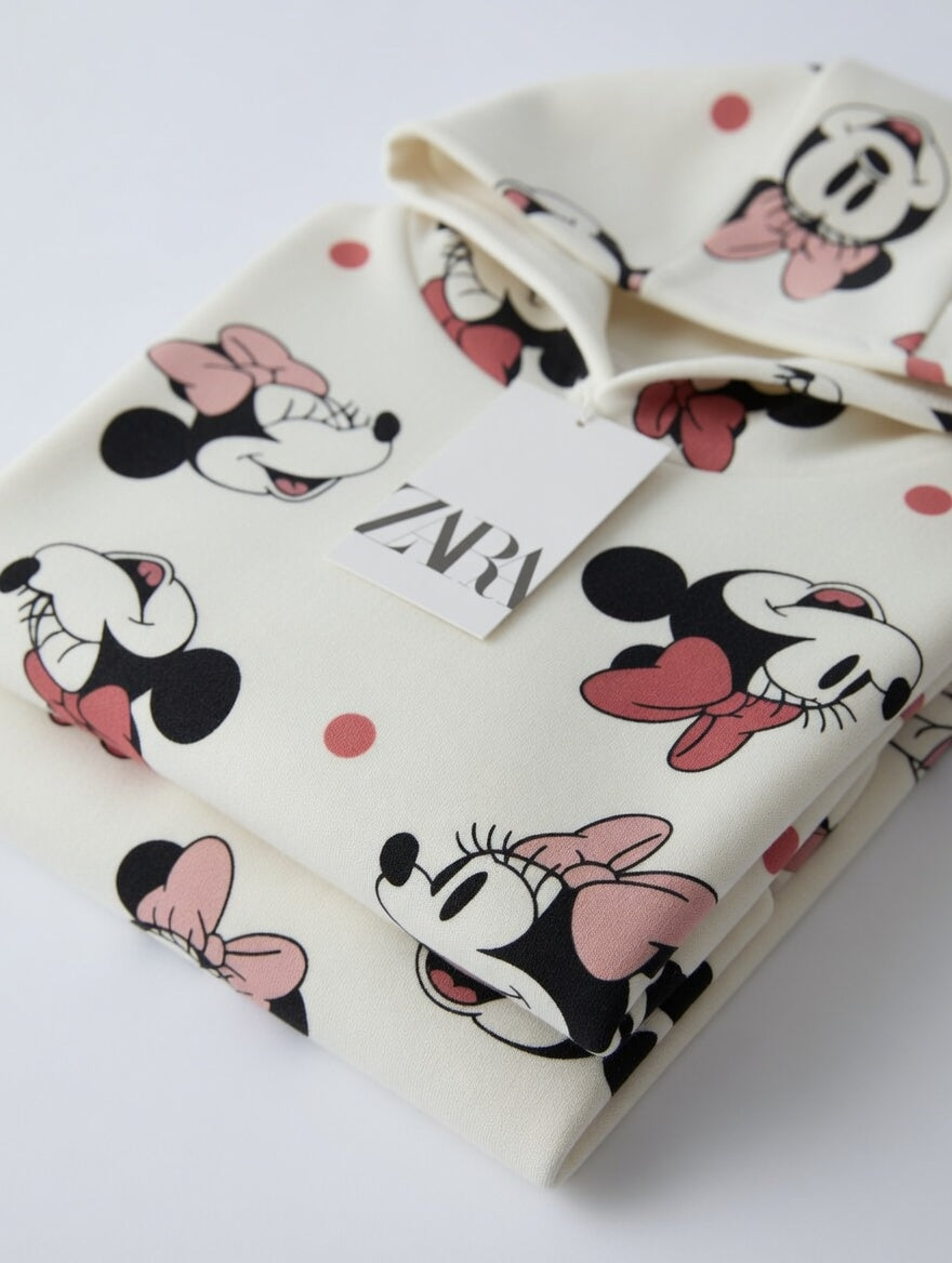 Sudadera EmpiBy de Minnie Mouse en color crema con estampado de lunares y lazos rosas, diseño infantil suave.