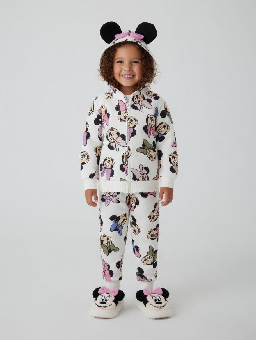 Niña sonriente vistiendo conjunto EmpiBy de sudadera y pantalón con estampado de Minnie Mouse y capucha con orejas