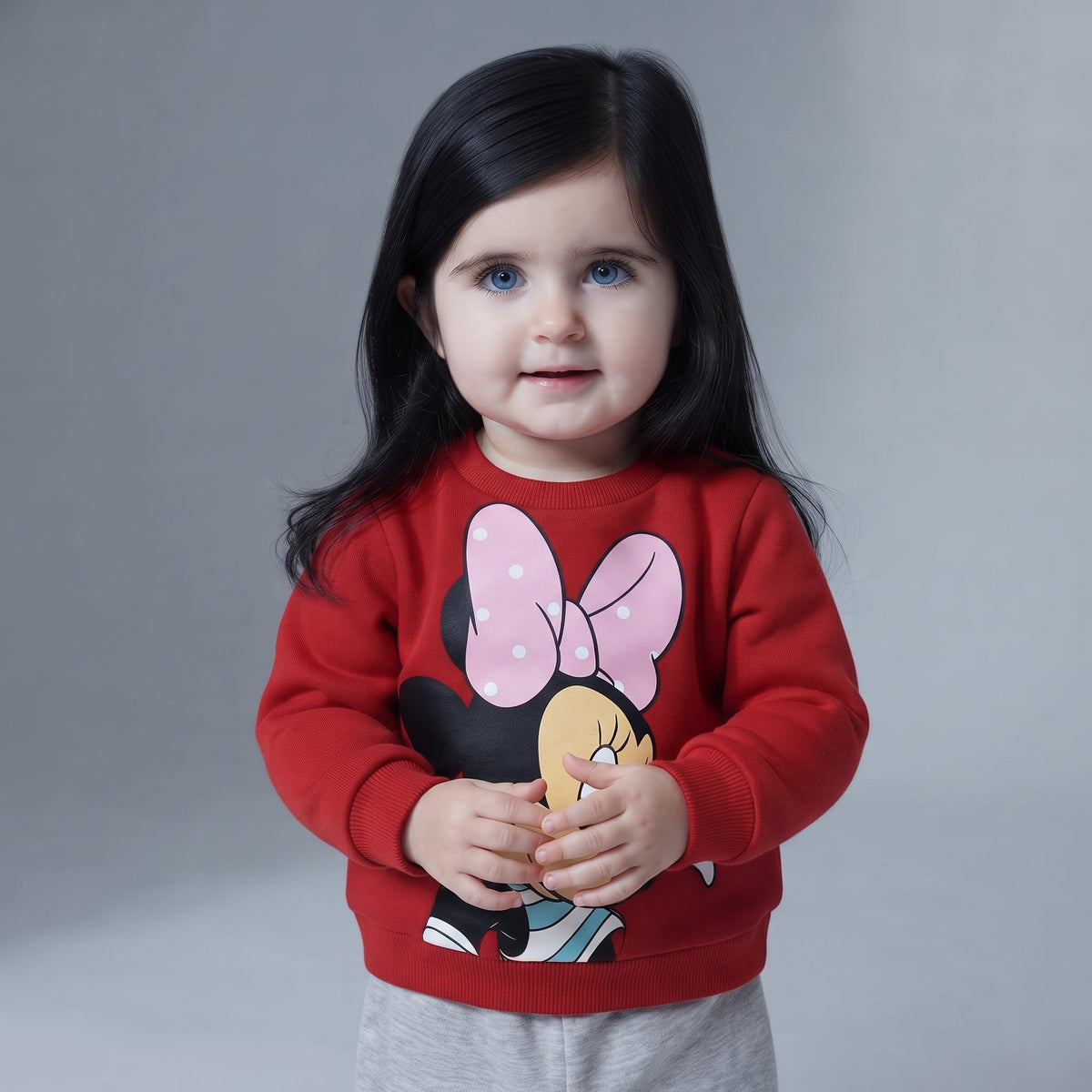 Niña pequeña con sudadera roja de Minnie Mouse y pantalón gris de EmpiBy, diseño suave y cómodo para bebé.