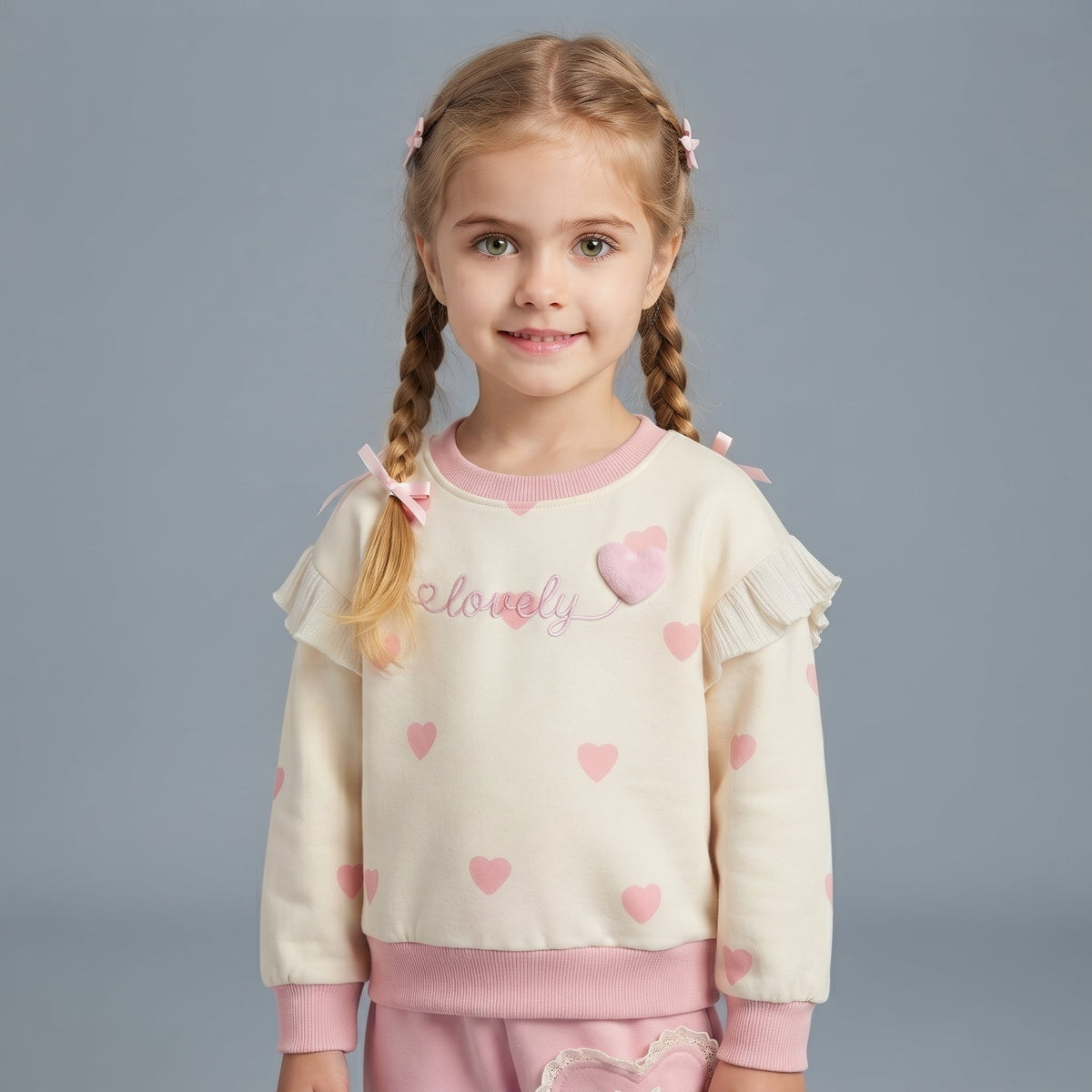 Niña con conjunto EmpiBy de sudadera crema con corazones rosas, volantes de encaje y lazos, estilo tierno y cómodo.