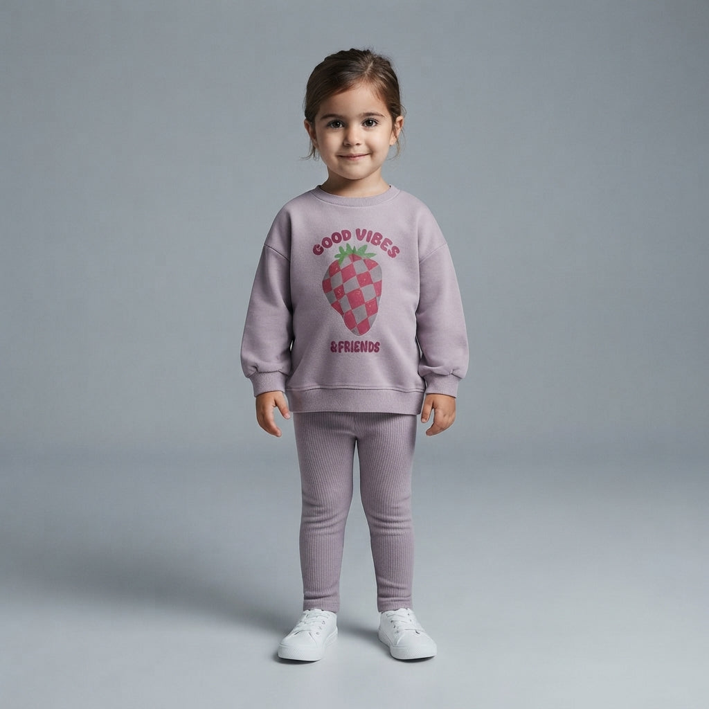Niña vistiendo sudadera lila EmpiBy con estampado de fresa y mensaje Good Vibes & Friends y leggings a juego
