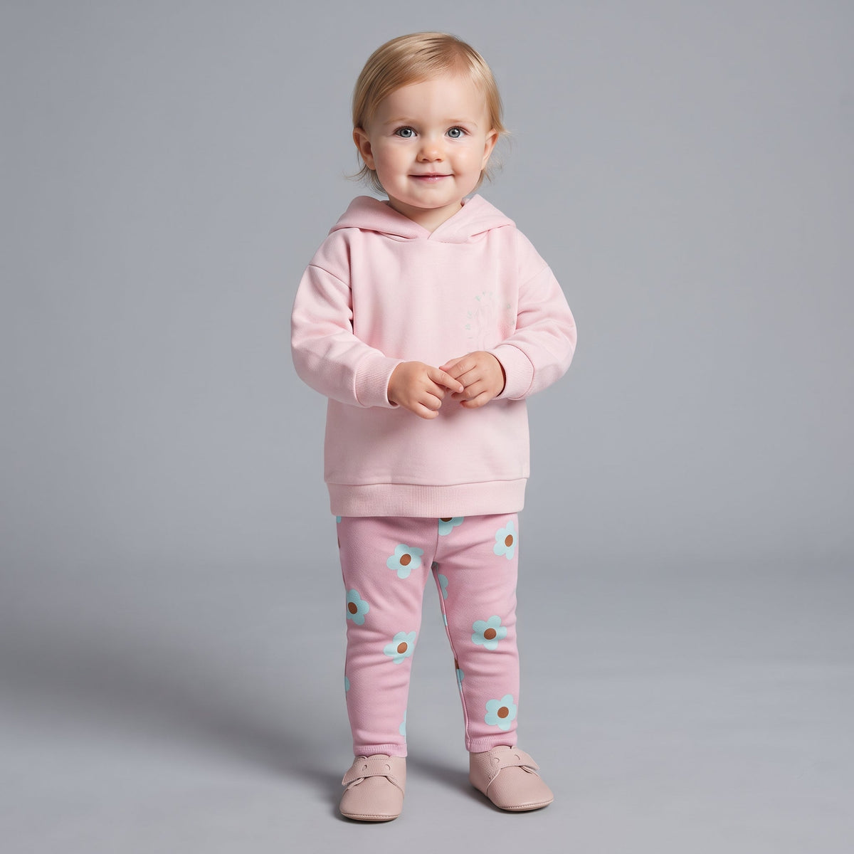 Niña pequeña vistiendo conjunto EmpiBy rosa con sudadera con capucha y legging estampado de flores celestes