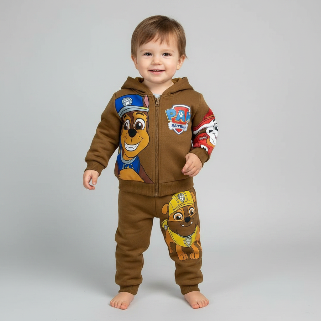 Niño pequeño vistiendo conjunto EmpiBy de Paw Patrol color café con capucha, cierre y estampados de Chase y Rubble.