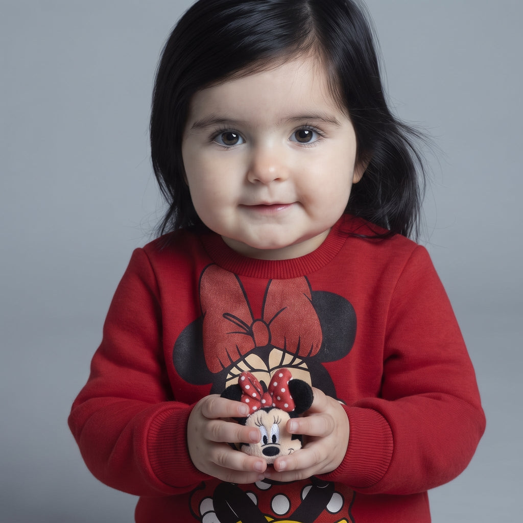 Bebé con sudadera roja EmpiBy de Minnie Mouse con estampado frontal y lazo de lunares, estilo casual y cómodo