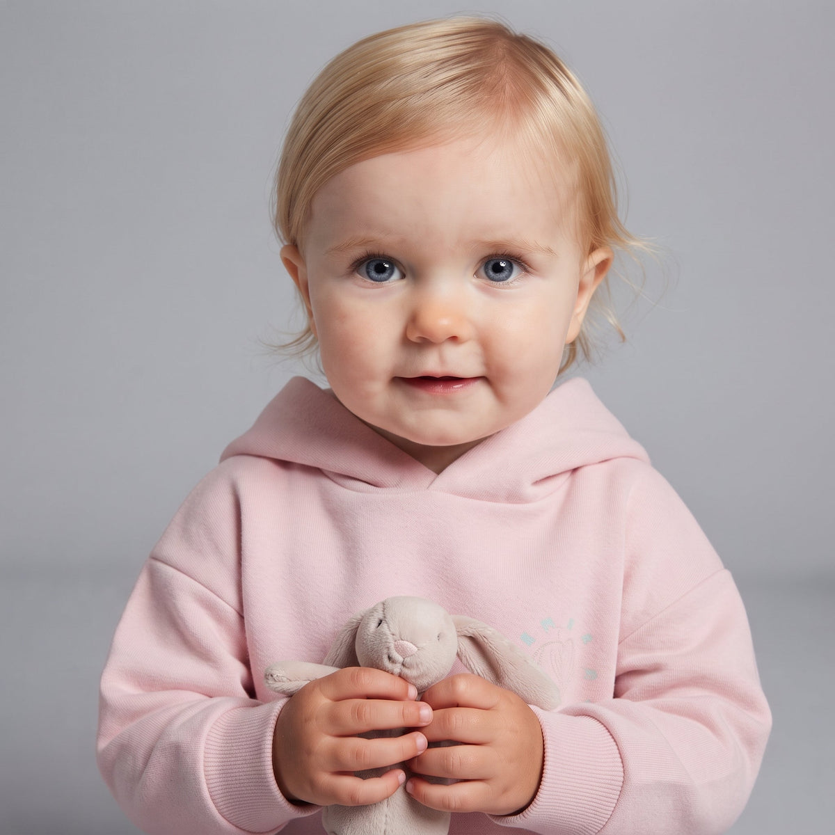 Bebé con sudadera rosa con capucha EmpiBy y un pequeño peluche de conejo, diseño suave y cómodo para niñas