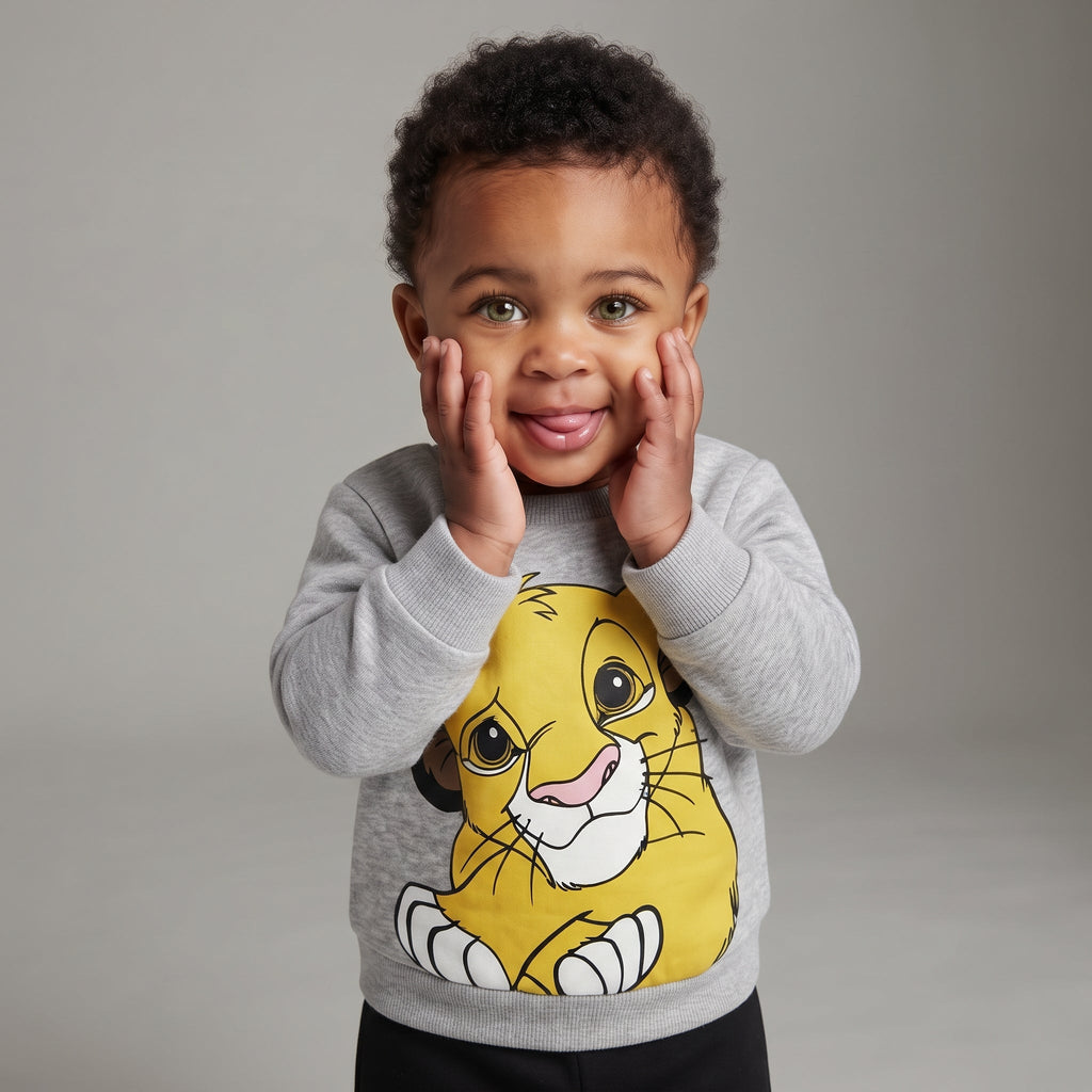 Bebé sonriente vistiendo sudadera gris EmpiBy con estampado de Simba y pantalón negro, estilo casual y cómodo