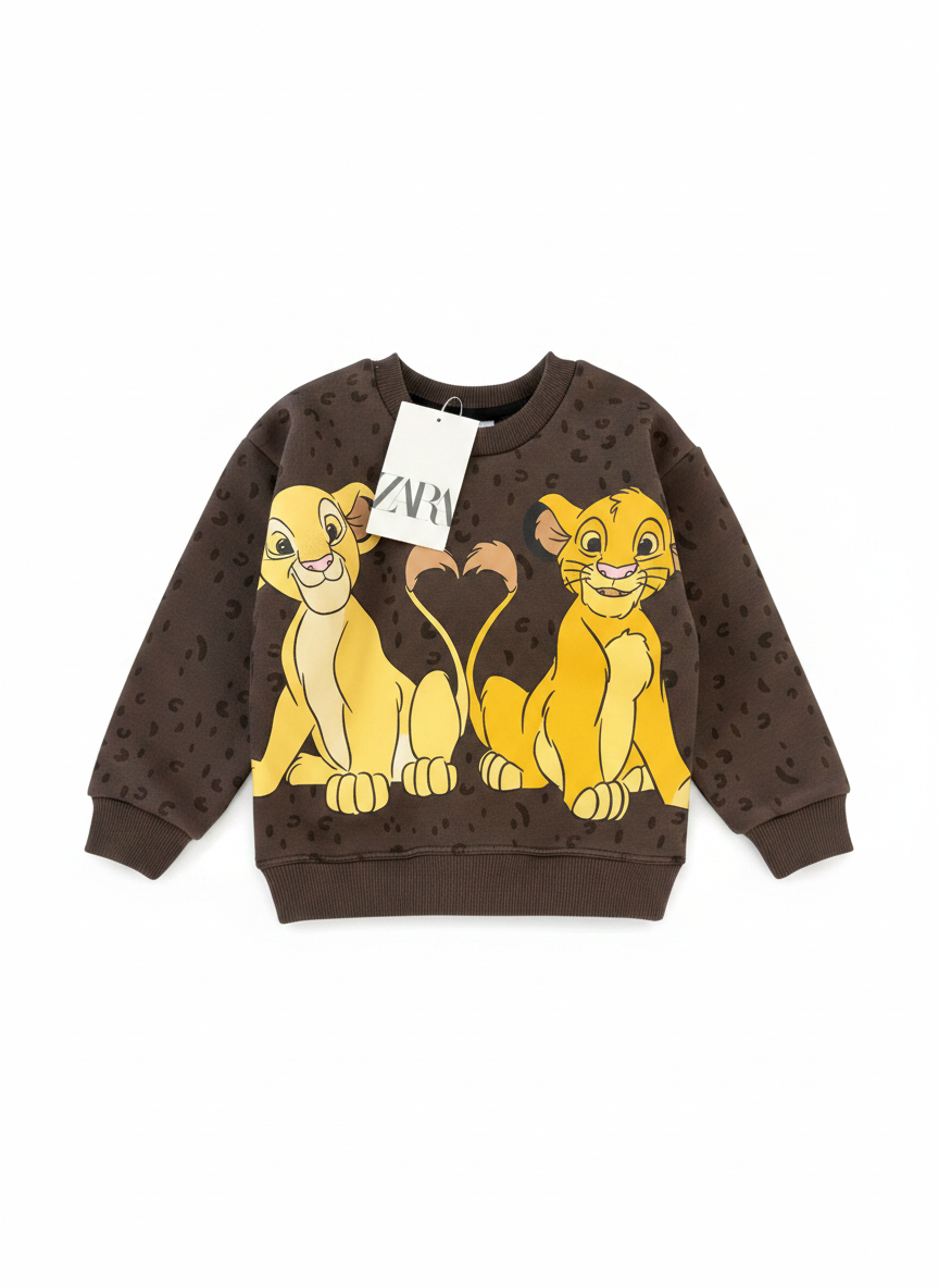 Sudadera EmpiBy de color marrón chocolate con estampado de Simba y Nala de Disney formando un corazón con sus colas.