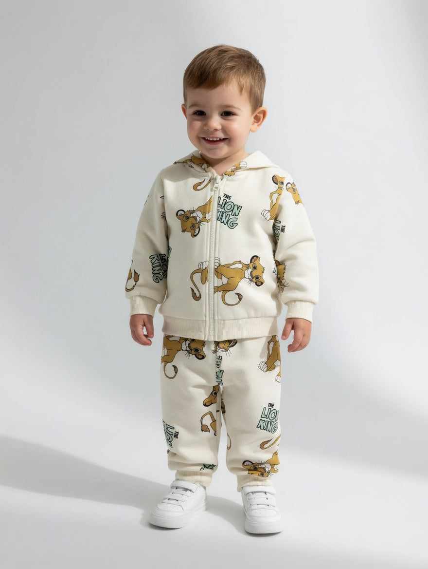 Niño pequeño vistiendo conjunto de sudadera y pantalón EmpiBy color crema con estampado de Simba de El Rey León