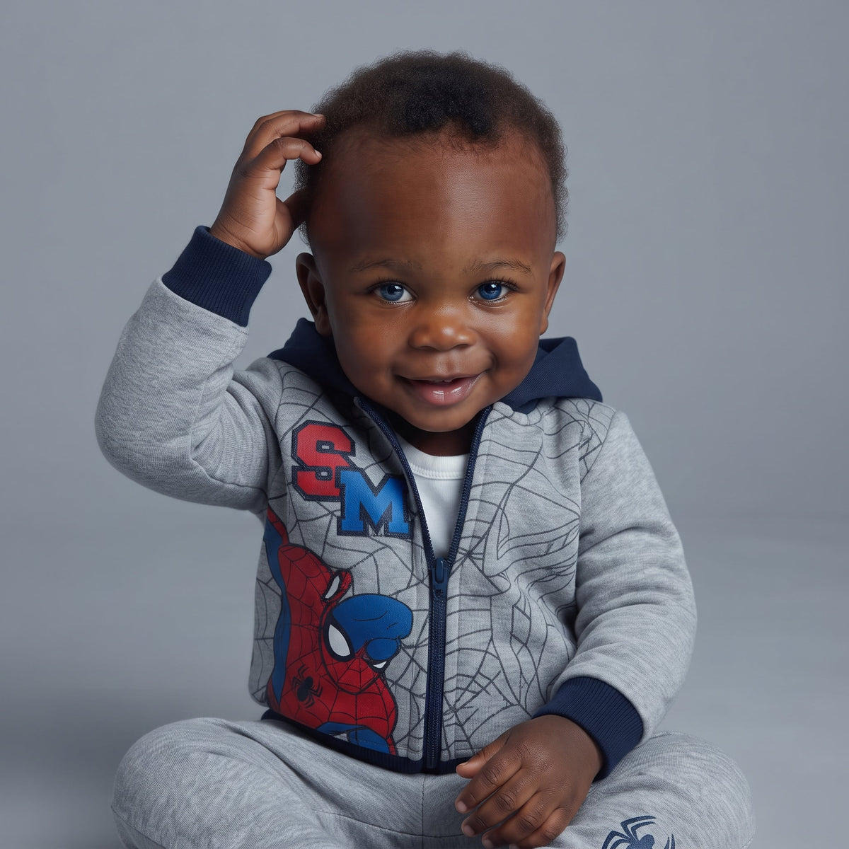 Bebé sonriente con sudadera EmpiBy de Spiderman gris y azul, con capucha y cierre frontal, estilo jogger cómodo.
