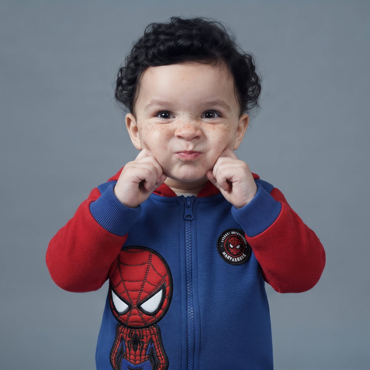 Niño pequeño vistiendo sudadera azul y roja de Spider-Man de EmpiBy con capucha y cremallera frontal