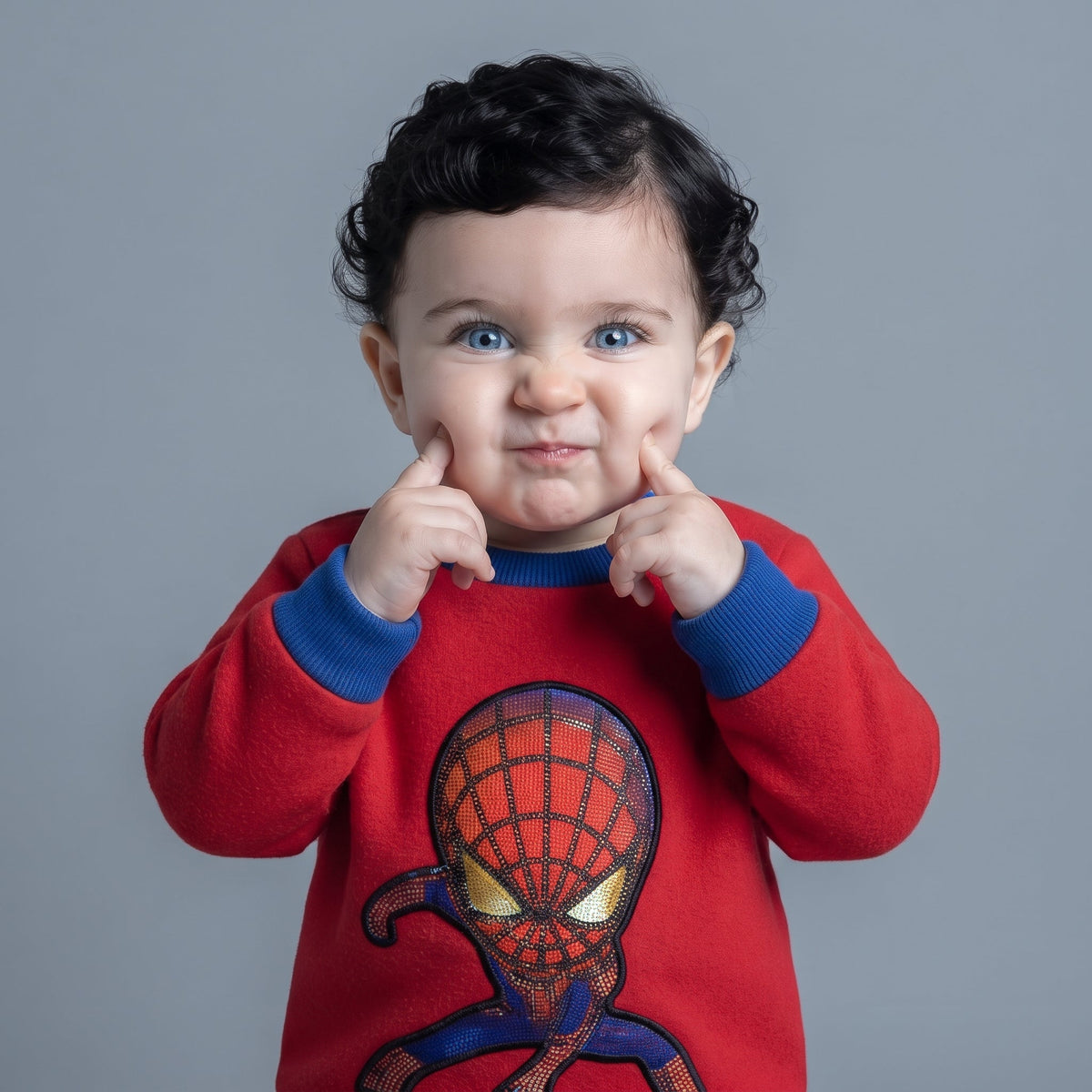Bebé con sudadera roja de Spider-Man de EmpiBy, con detalles azules y estampado del superhéroe en el pecho.