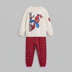 Conjunto EmpiBy de dos piezas para niño con sudadera beige de Spiderman y pantalón jogger rojo estampado