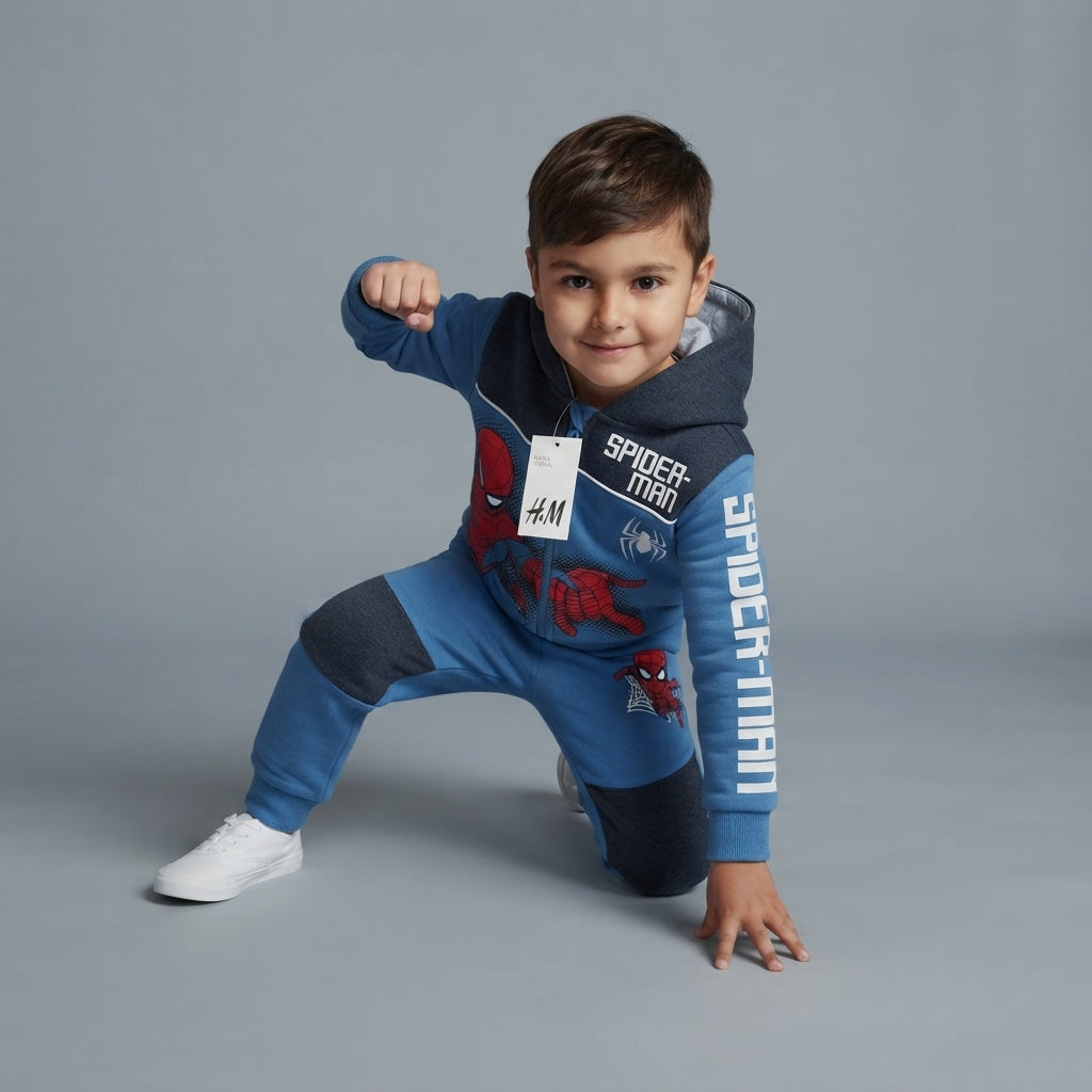 Niño posando con sudadera EmpiBy de Spider-Man en azul y rojo con cremallera y estampado del superhéroe Marvel