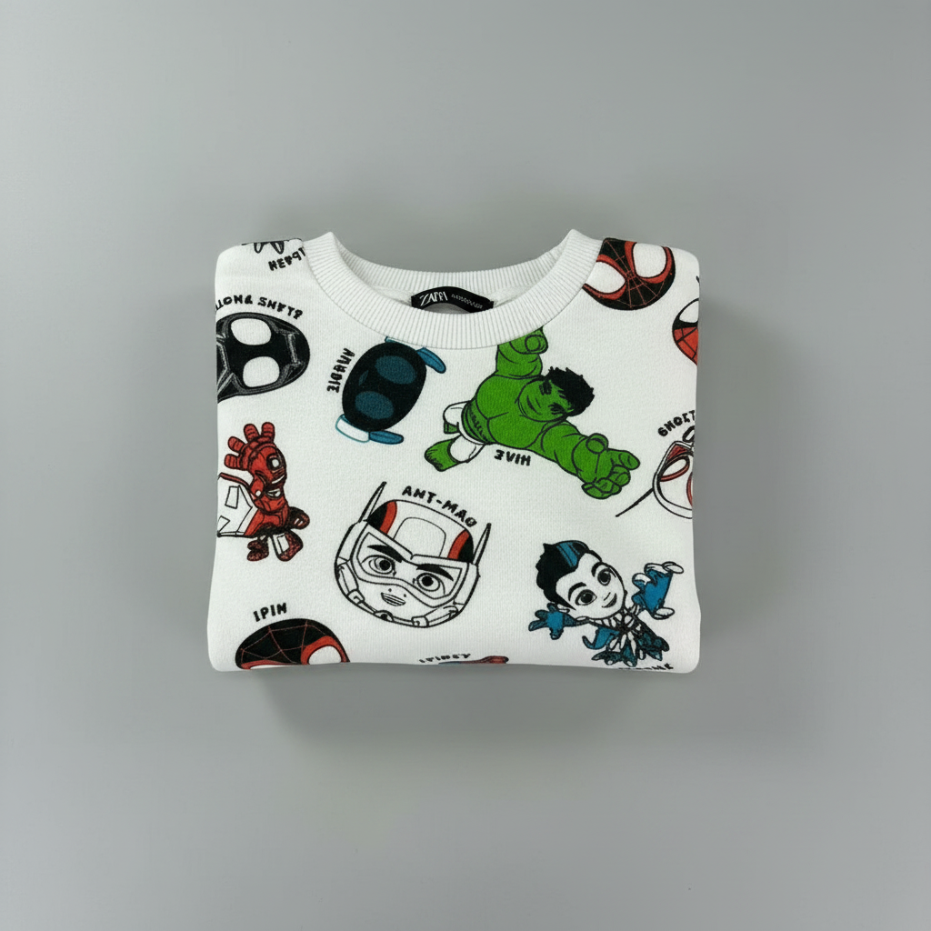 Sudadera infantil EmpiBy blanca con estampado de Spidey y sus amigos, cuello redondo y acabado en tejido RIB.