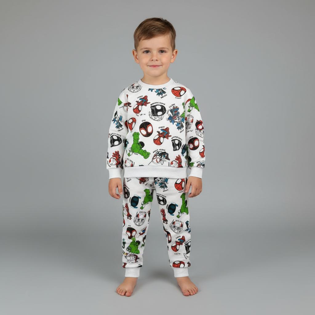 Niño vistiendo conjunto EmpiBy de sudadera y pantalón blanco con estampado de personajes de Spidey and Friends