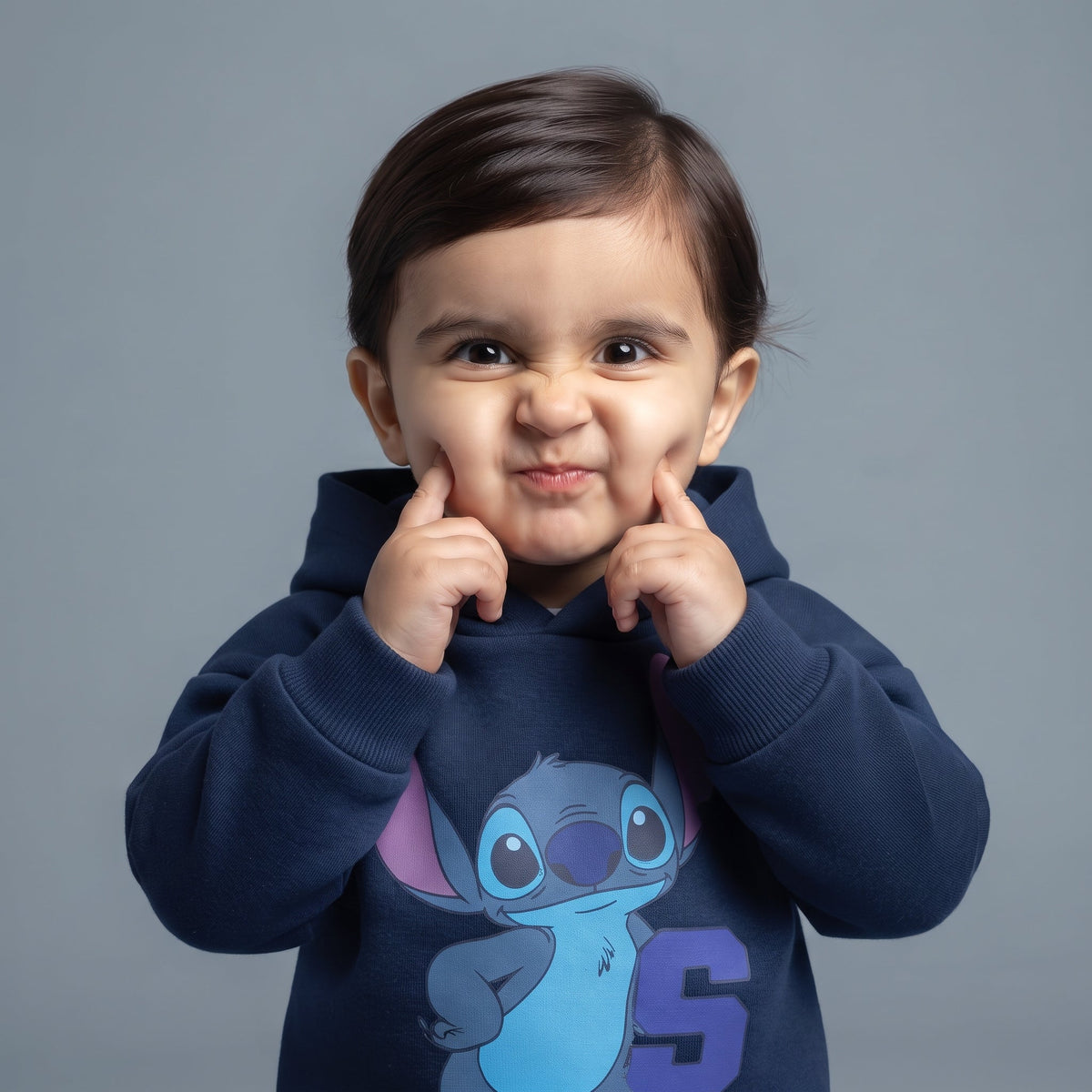 Niño pequeño sonriendo con sudadera azul oscuro de Stitch con capucha y orejas 3D de la marca EmpiBy