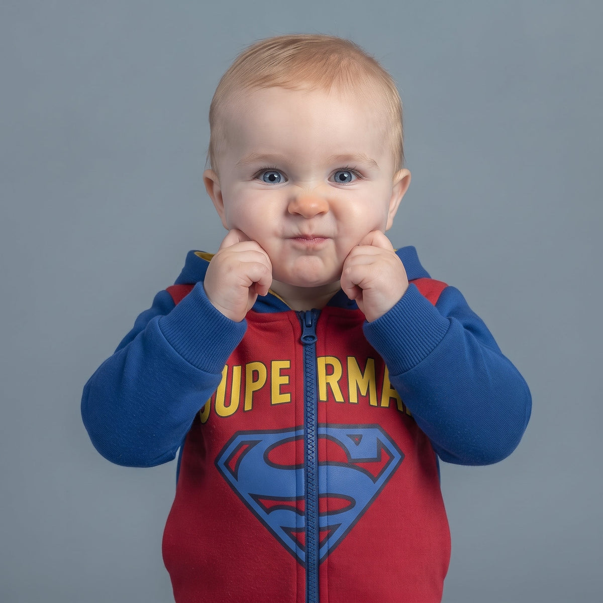 Bebé con sudadera EmpiBy de Superman roja y azul con cremallera y capucha amarilla, estilo heroico y cómodo