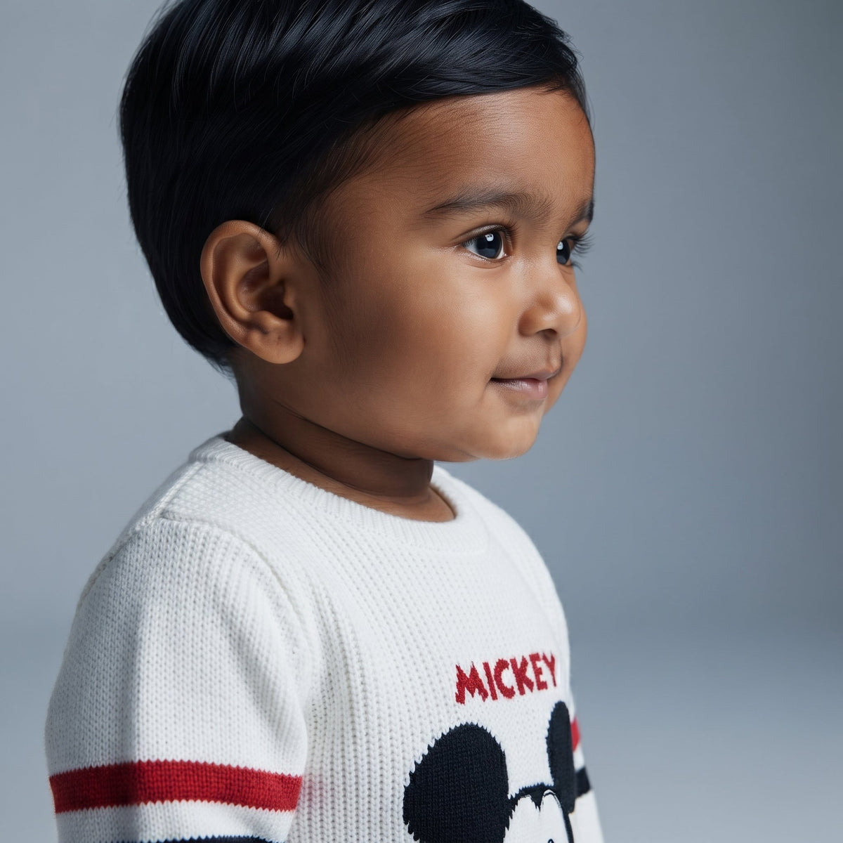 Bebé con suéter tejido blanco EmpiBy de Mickey Mouse con detalles en rojo y negro, vista de perfil