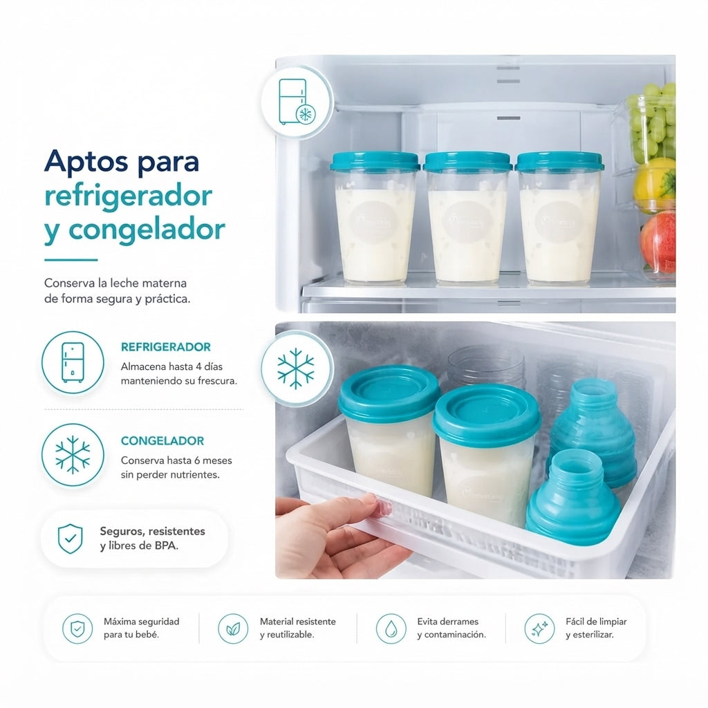 Vasos de almacenamiento de leche materna EmpiBy apilables en nevera con tapas herméticas azules y diseño libre de BPA