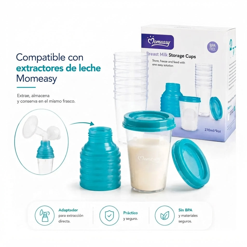 Vasos de almacenamiento de leche materna EmpiBy Momeasy con tapas herméticas azules y diseño apilable sin BPA