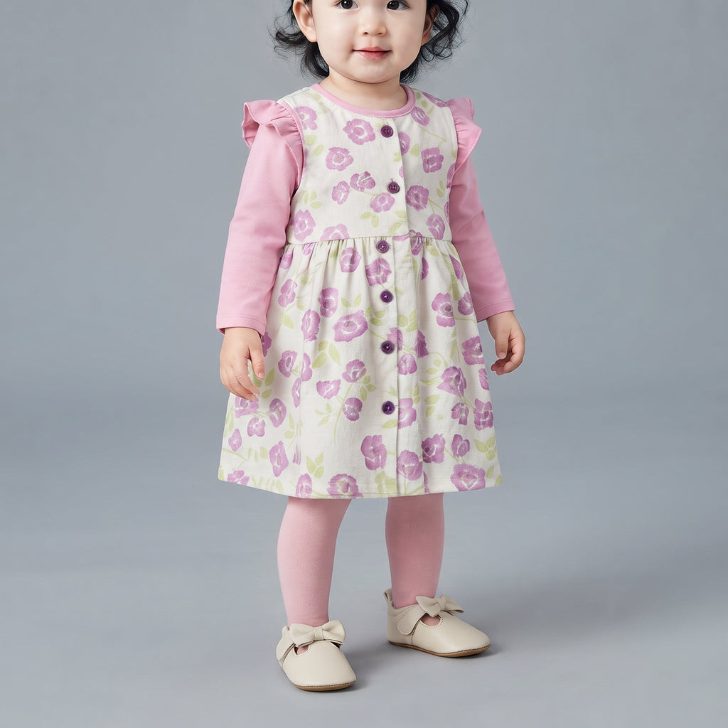 Conjunto EmpiBy de 3 piezas para bebé niña con vestido floral marfil, camiseta rosa de manga larga y medias a juego.