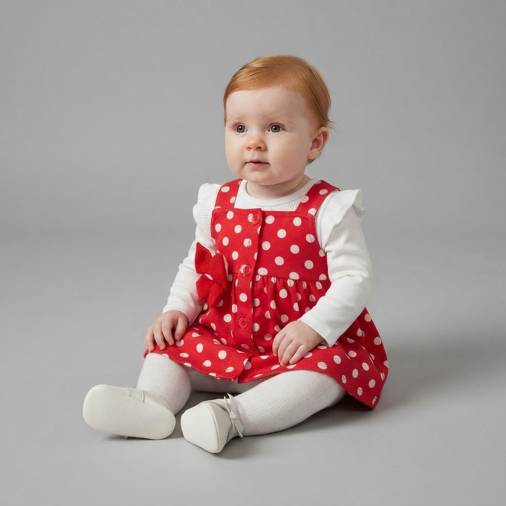 Bebé niña con conjunto EmpiBy de vestido peto rojo con lunares blancos, camiseta blanca y medias sobre fondo gris