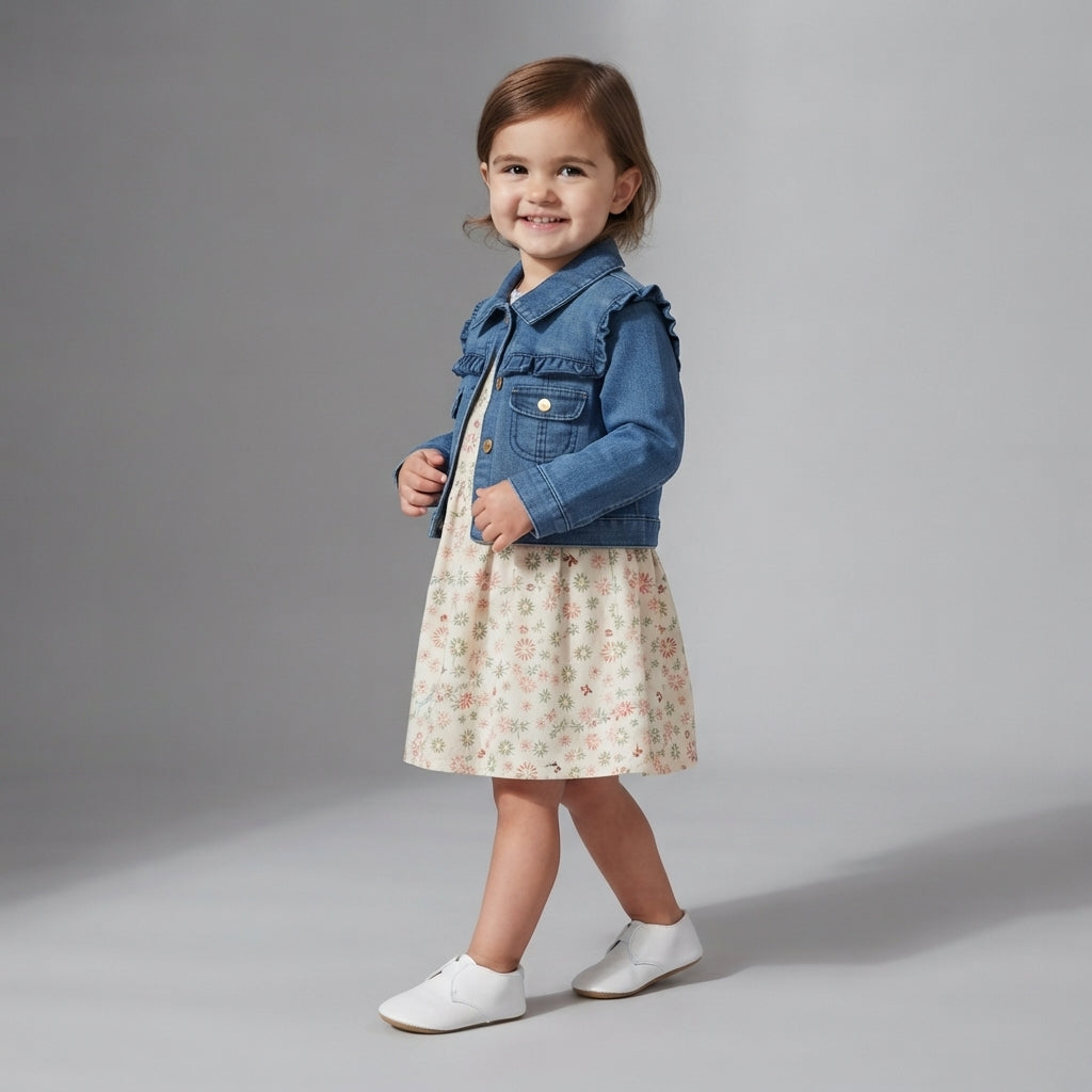 Niña pequeña sonriendo con vestido floral y chaqueta de mezclilla EmpiBy, conjunto cómodo de algodón y denim suave.