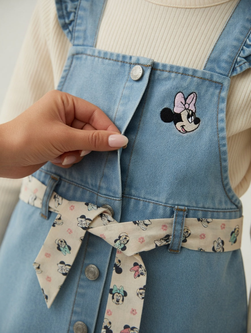Conjunto EmpiBy de pichi denim azul con bordado de Minnie Mouse, volantes en tirantes y cinturón estampado de lazo